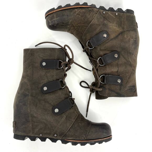 Sorel Women’s 9.5 Brown Leather Joan of Arctic Wedge Heel Lace up Ankle boots - Picture 3 of 8